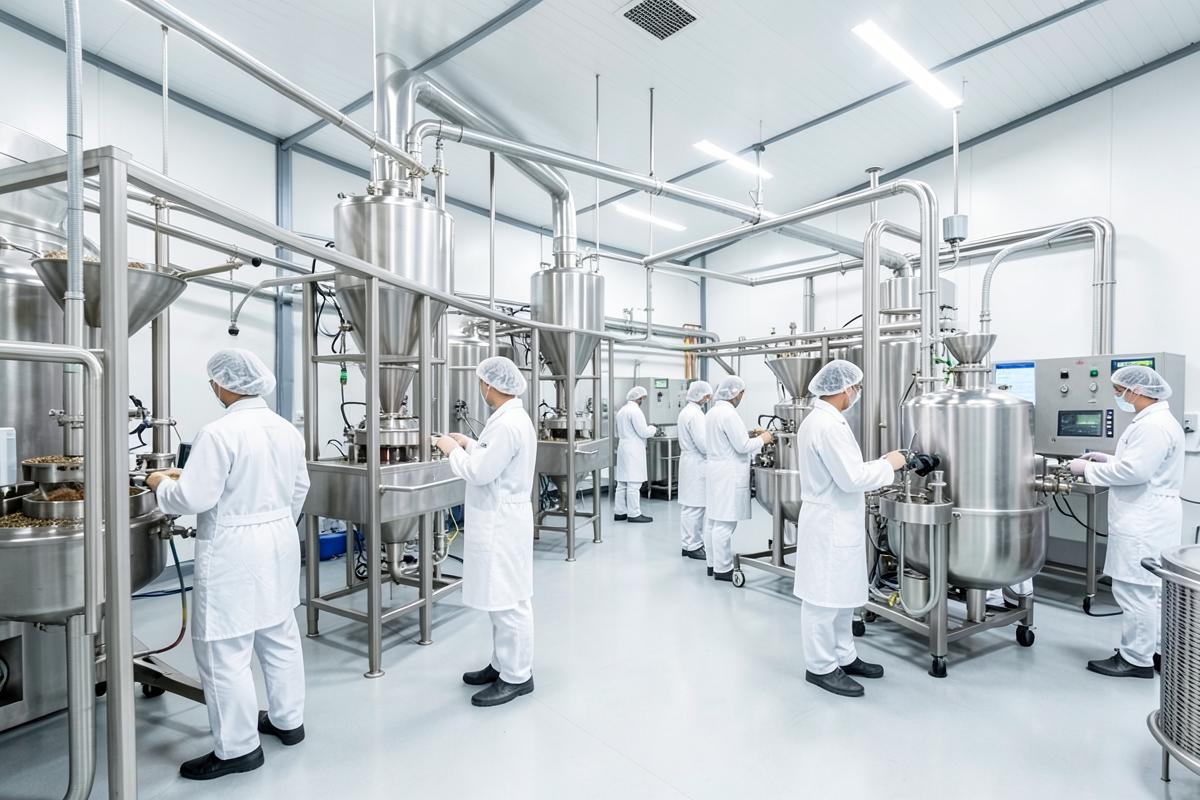Steam sterilisation and grinding equipment in a clean room spice processing plant