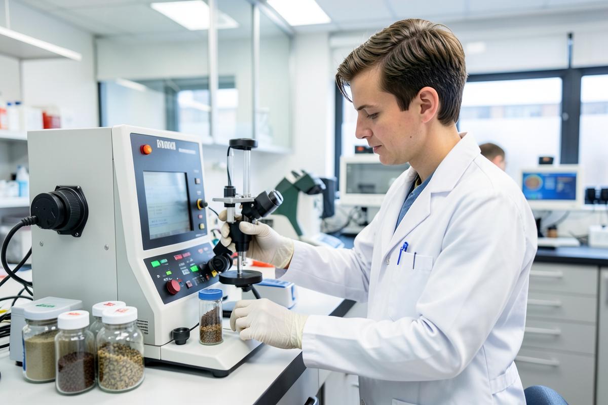 Laboratory technician testing spice samples with chromatography equipment